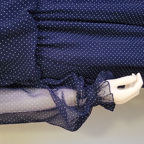 VTG AJ BARI Navy Pin Dot Chiffon Blouson Ruffle Bow Tie Castlecore Shirt Dress - Picture 5 of 10